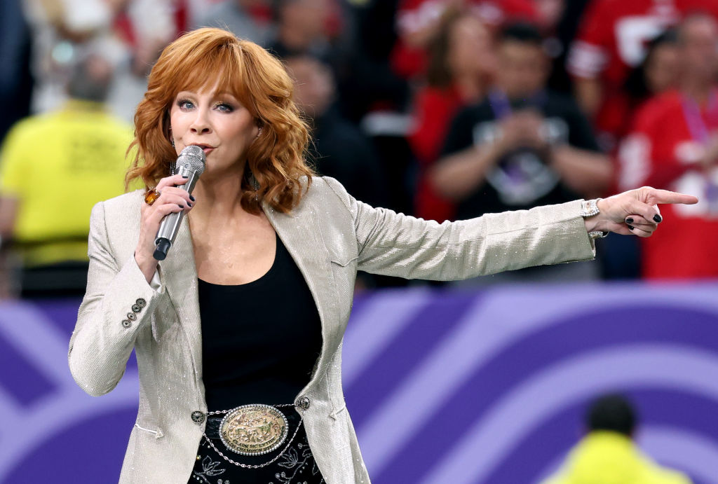 LAS VEGAS, NEVADA - FEBRUARY 11: Reba McEntire performs during the Super Bowl LVIII Pregame at Alle...